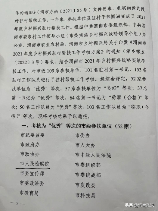 渭南市檢察院駐村幫扶工作被綜合評定為優(yōu)秀等次