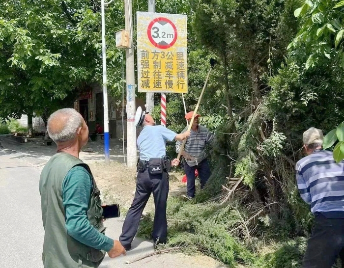 潼關交警對遮擋標志標牌道路的樹木進行清理修剪，消除交通安全隱患.